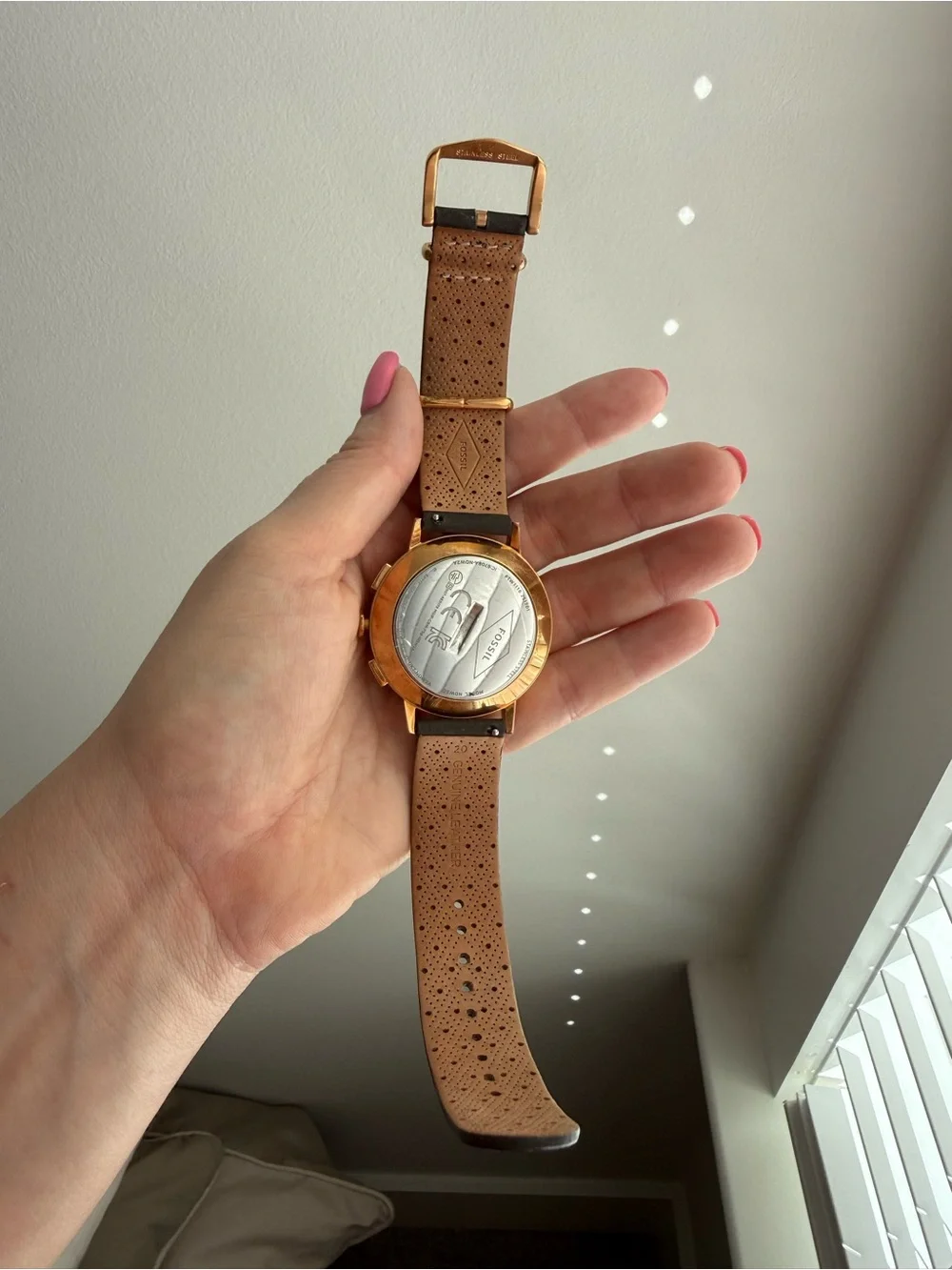 Bluetooth Fossil Rose Gold-Tone Case with Brown Leather Strap Watch